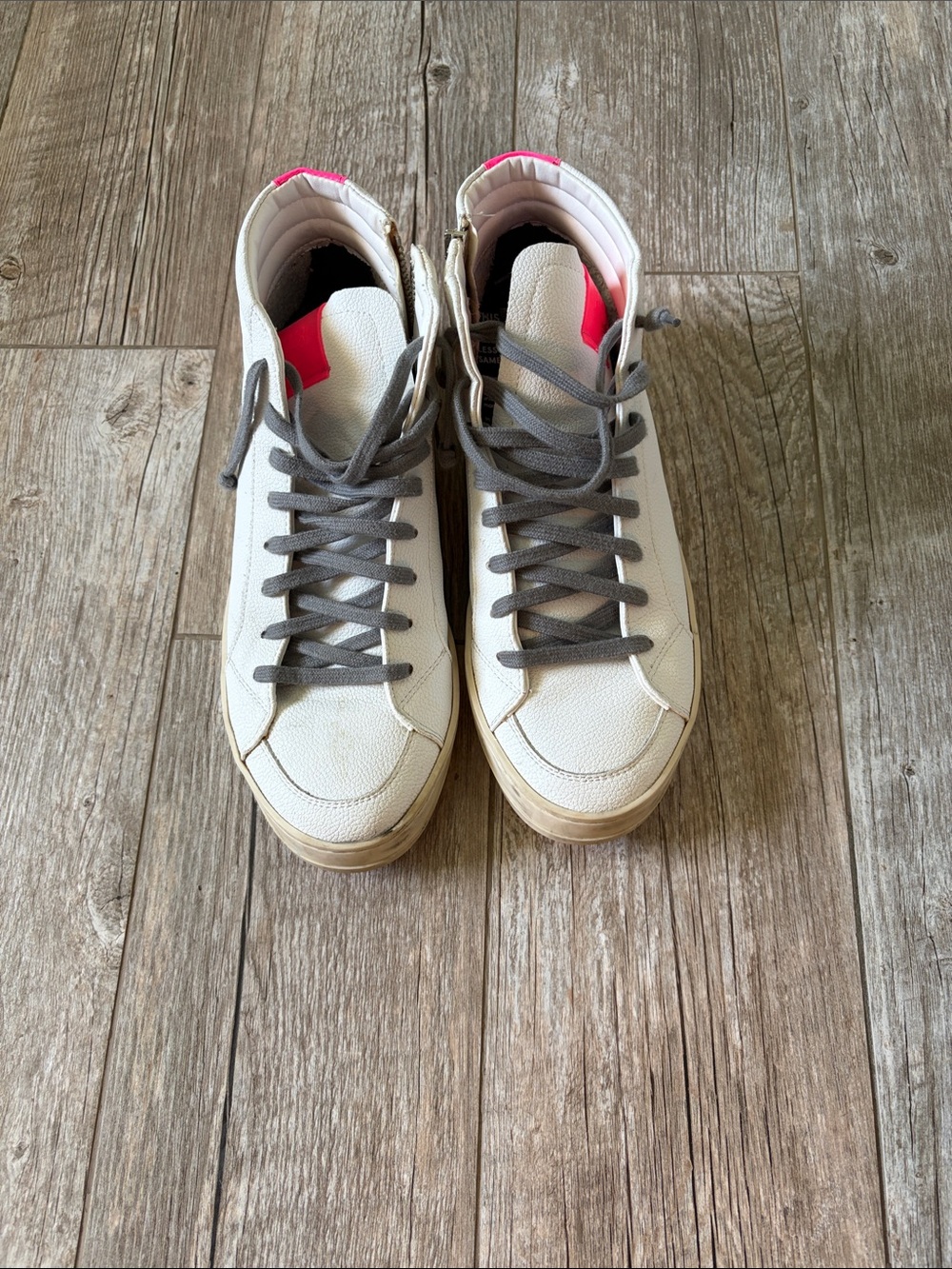 P448 high tops white zip side w/pop of neon pink sz 39/9 EUC